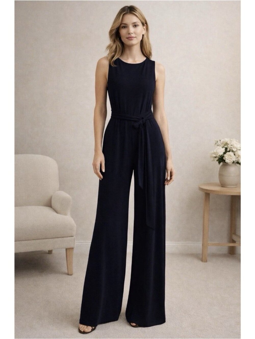 Lauren Ralph Lauren Size 12 Large Cobalt Blue Belted Tank Wide Leg Jumpsuit - Picture 3 of 5